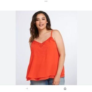 Torrid - RED ORANGE EMBROIDERED DOUBLE LAYER SWING CAMI. Size: 2